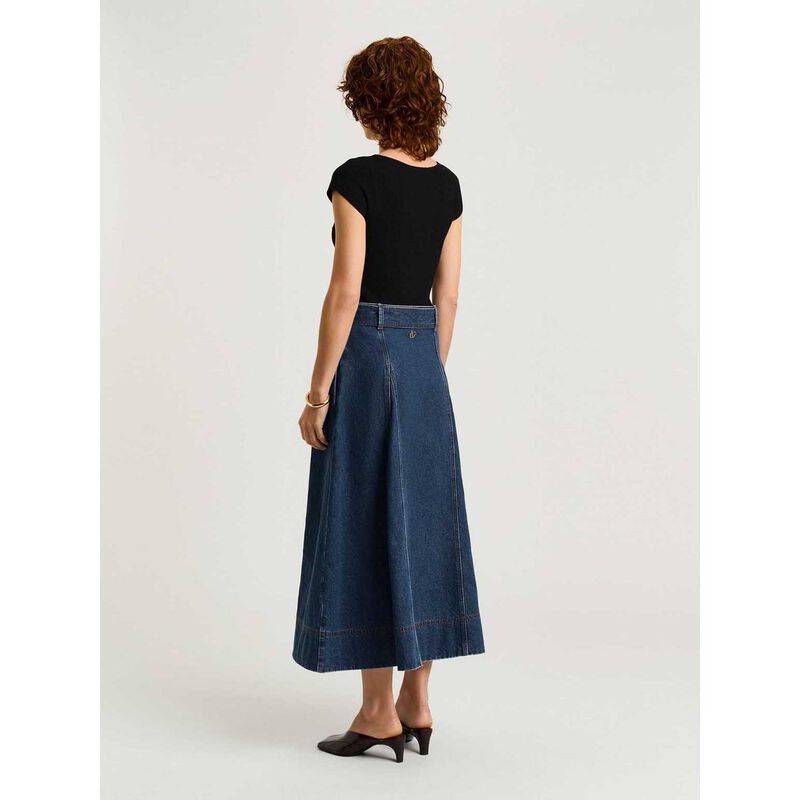 Veronika Maine Cotton Denim Belted Midi Skirt image number 1